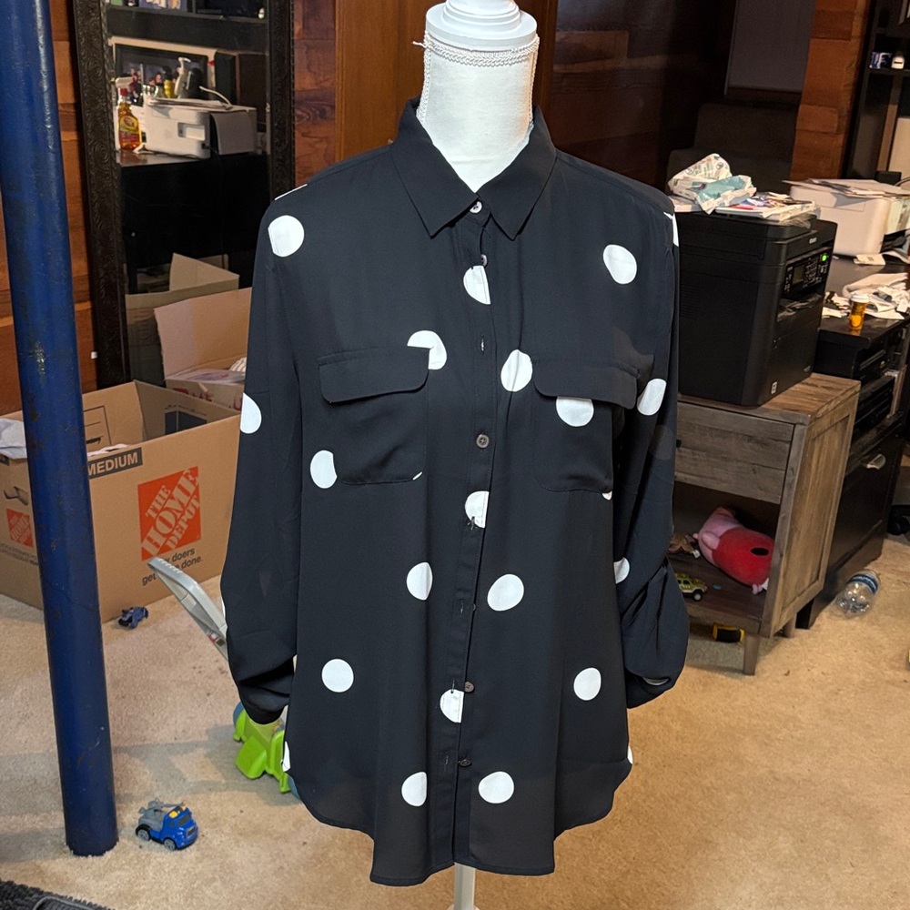LOFT Black and White Polka Dot Button Down Shirt